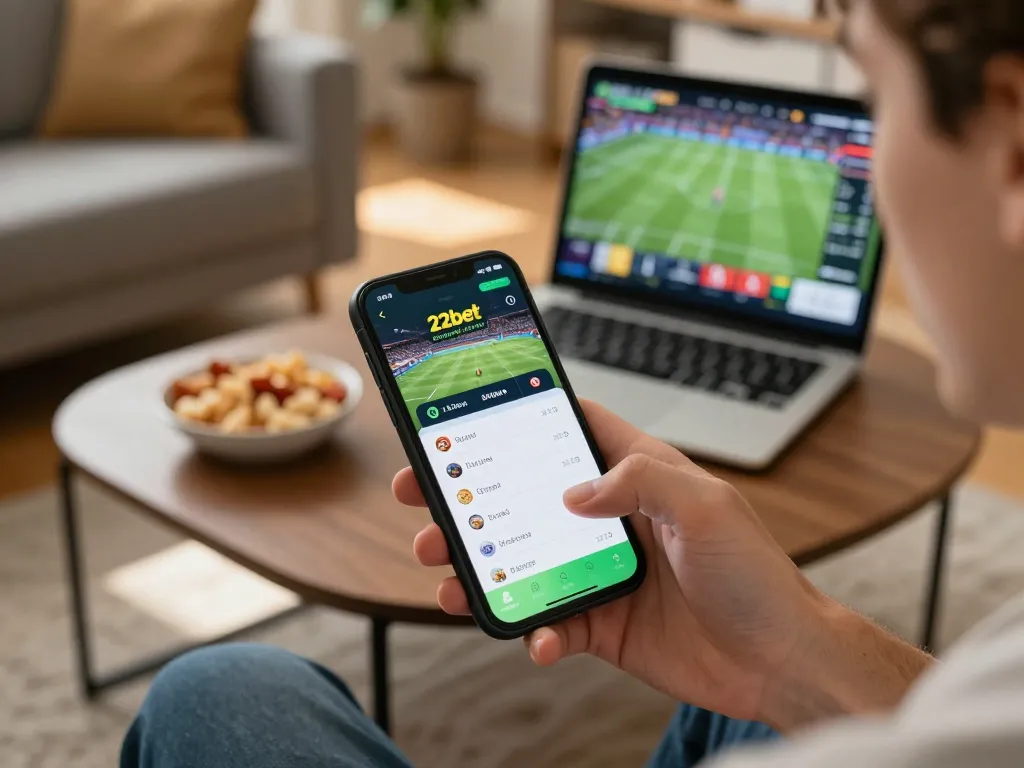 Player interacting with the 22bet app for sports betting in a cozy living room setting, blending excitement and comfort.