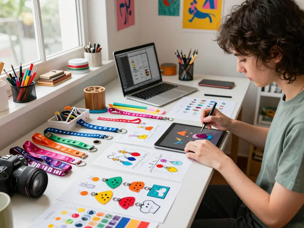 Designer creating unique lanyard keychains with colorful acrylic charms and fabric samples in a bright studio.