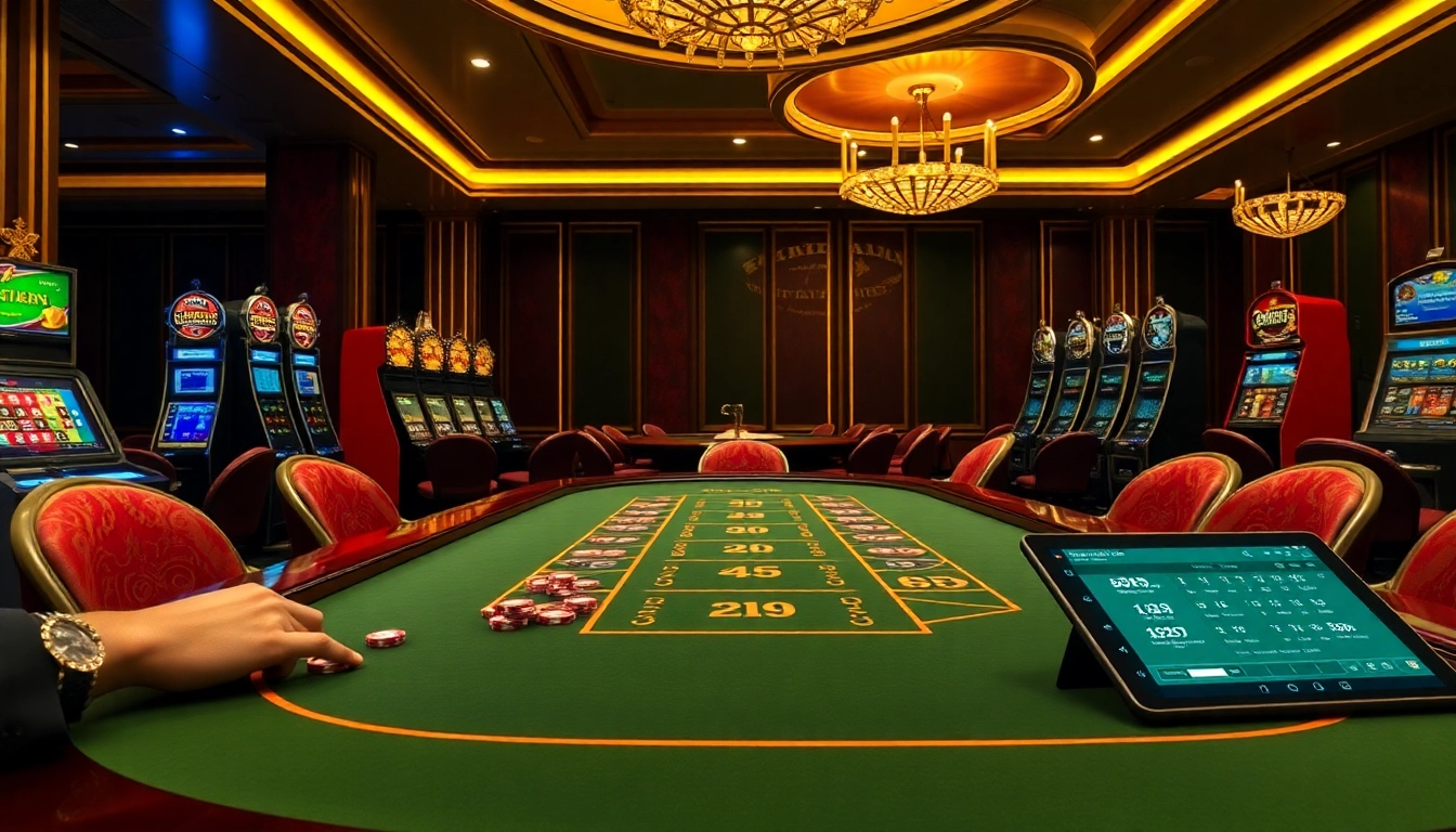 Experience the thrill of sx88 at a luxurious casino with elegant tables and vibrant gaming elements.