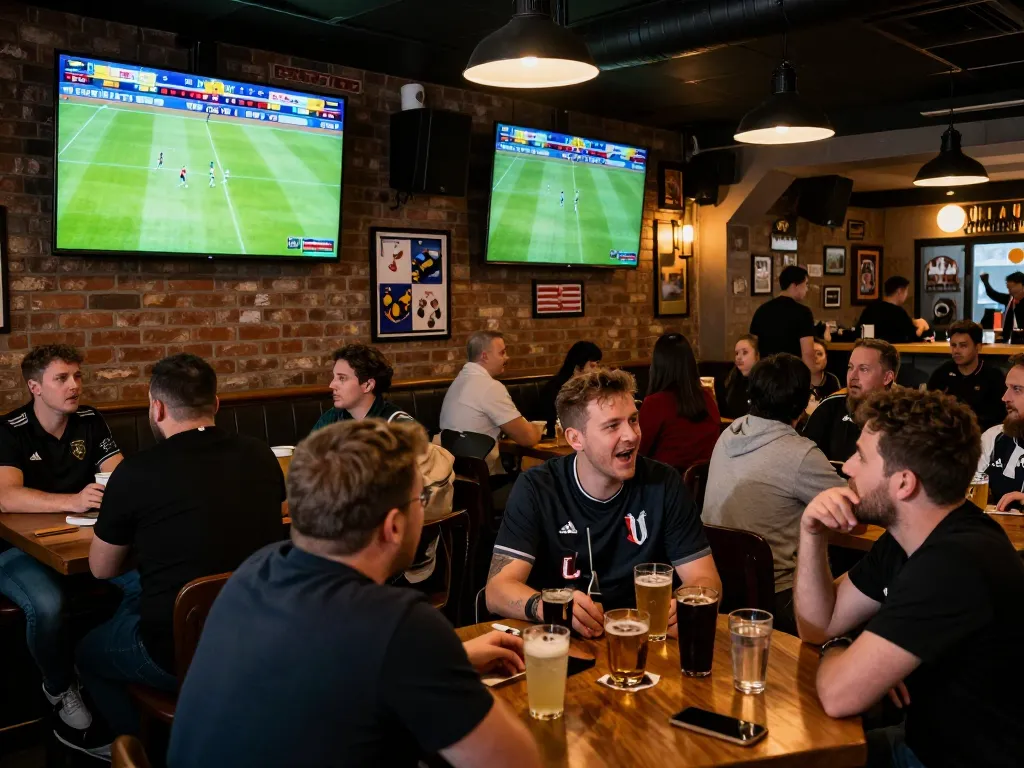 Fans checking kết quả bóng đá in a lively sports bar during a live match.