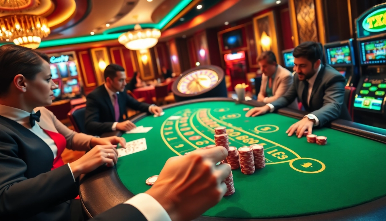 Exciting casino gameplay with tx88 poker chips at a vibrant blackjack table.