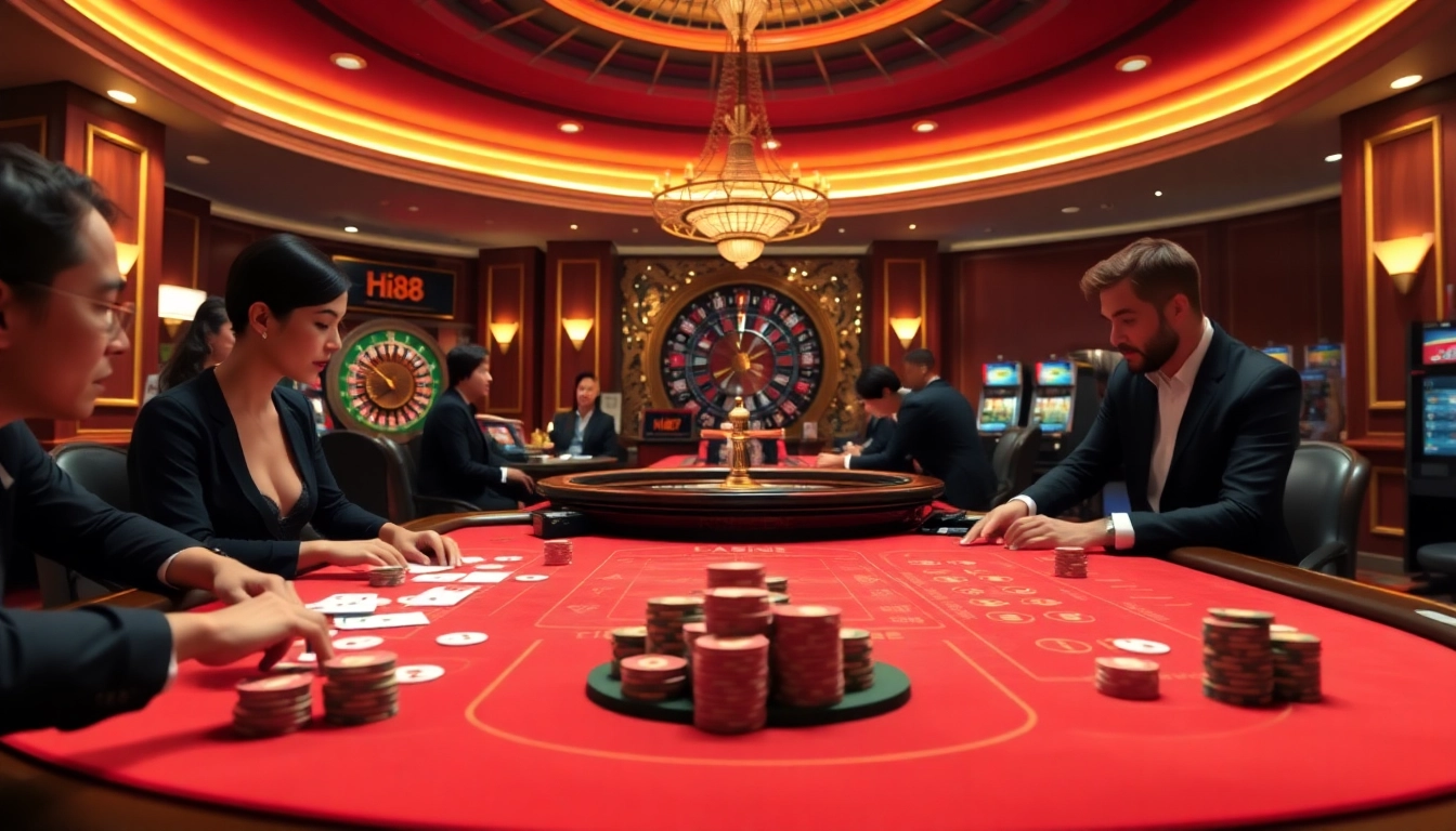 Exciting gameplay at Hi88 casino with vibrant gaming tables and thrilled players.