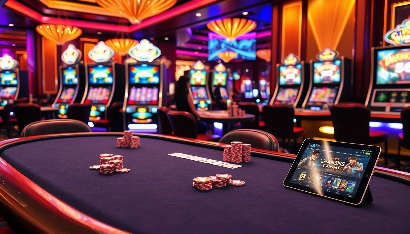 Players engaging in high-stakes poker at nhà cái kim88, surrounded by vibrant casino decor.