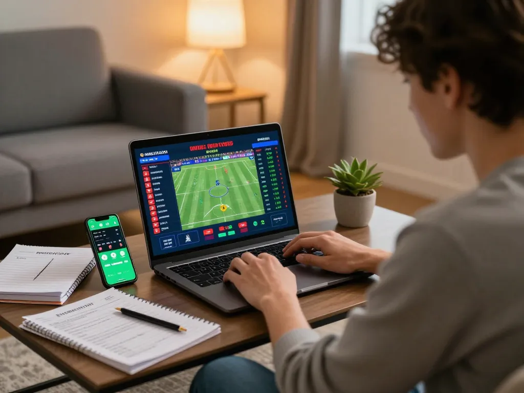 Person engaging in online sports betting at home on CO88 platform with excited ambiance.