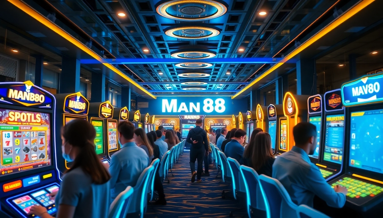 Man88 online gaming casino scene with diverse players enjoying vibrant games.