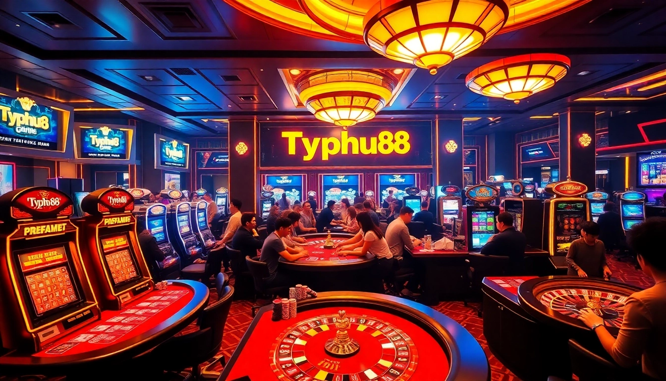 Gamers enjoying a vibrant Typhu88 casino experience with poker tables and slot machines.