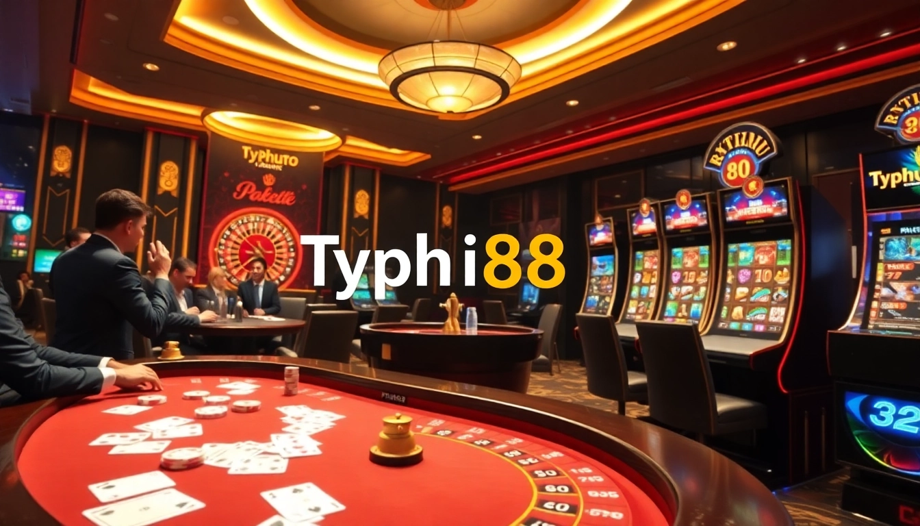 Exciting gameplay at Typhu88 casino with poker chips and elegant casino tables.