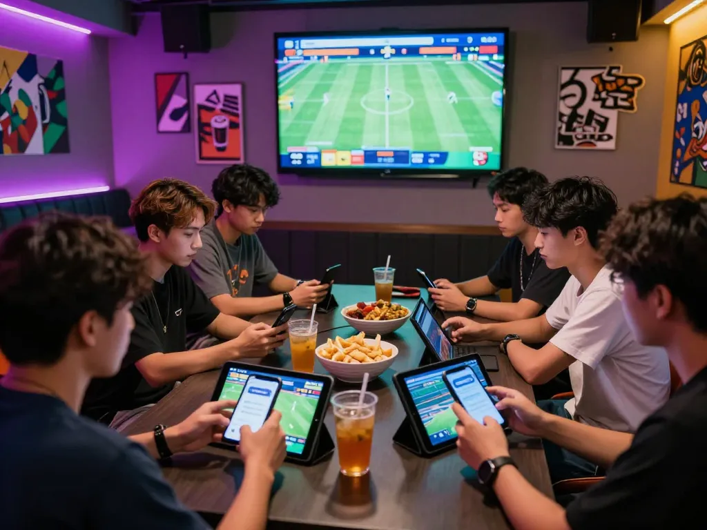 Engaged group of friends discussing kèo nhà cái updates while watching live football matches in a vibrant gaming lounge.
