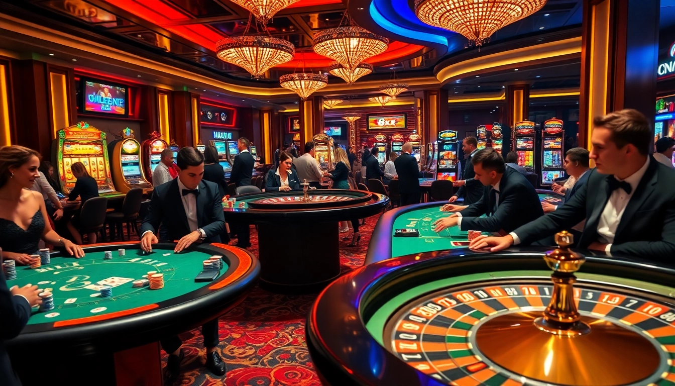 Players engaging in exciting betting activities at 8XX casino tables with dealers, vibrant slot machines, and roulette.