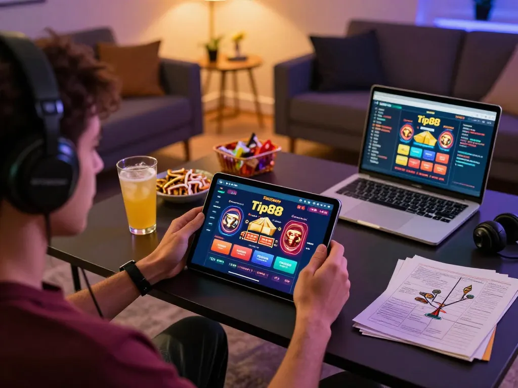 Play blackjack on tip88 app with a cozy home gaming setup featuring snacks and drinks.