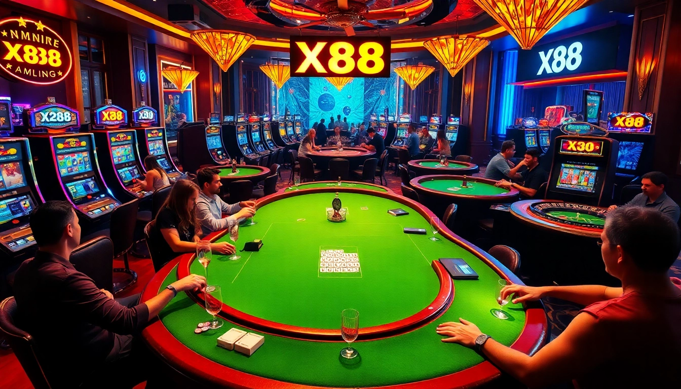 Exciting gambling atmosphere at https://x88.law/ casino with poker tables and slot machines.