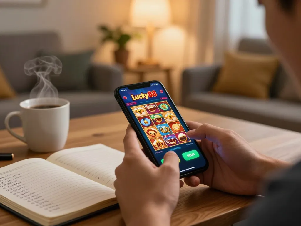 Player engaging with the Lucky88 app on a smartphone, showcasing responsible online gaming practices in a cozy home.