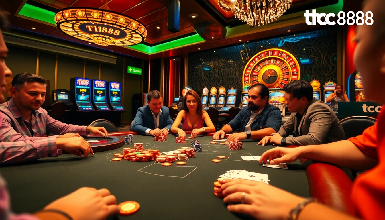 Experience the thrill of tg88 at a high-stakes poker table filled with vibrant chips and cards.