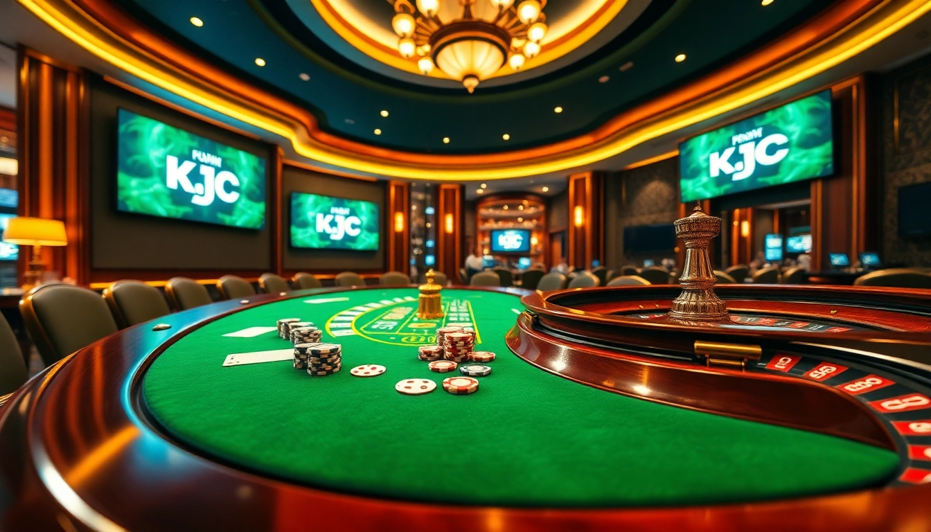 KJC casino scene showcasing vibrant gaming tables, cards, and excitement in a luxury setting.
