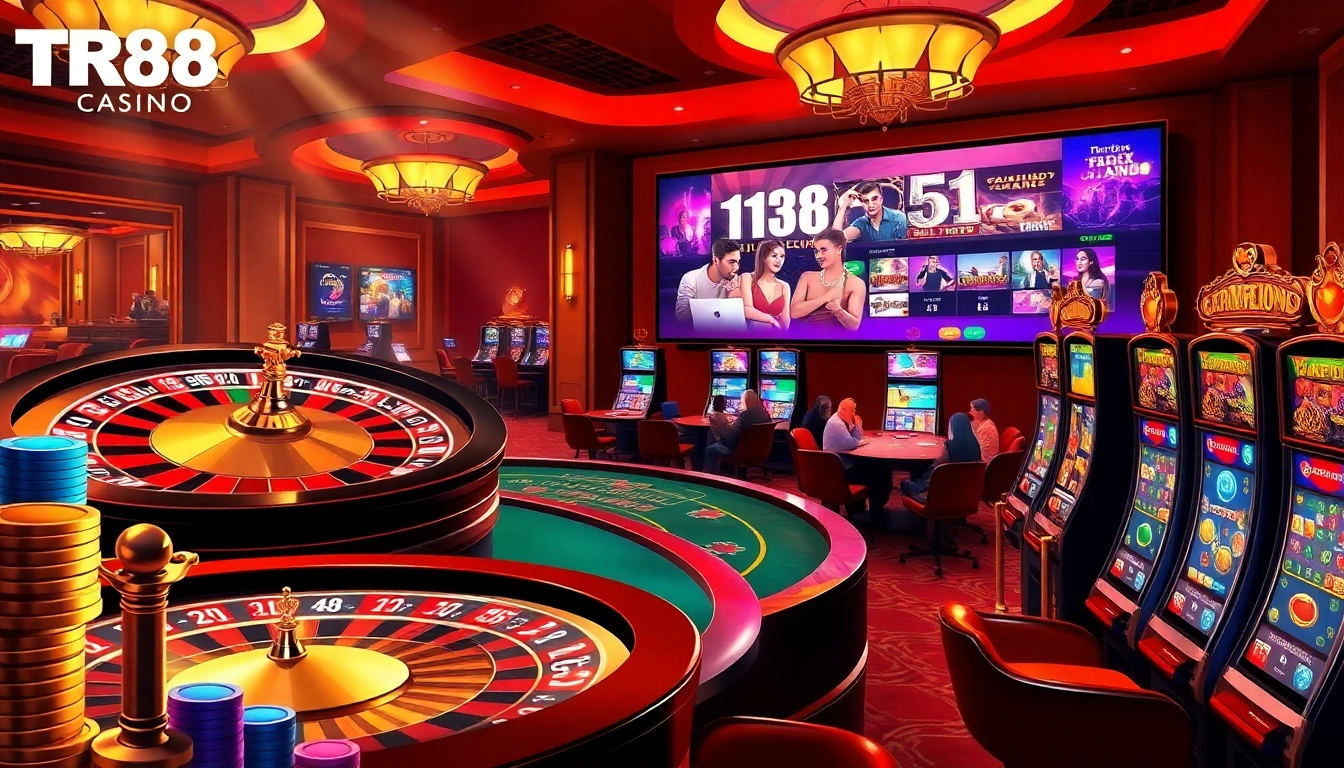 Experience the thrill of TR88 with engaging casino games and lively players at a stunning roulette table.