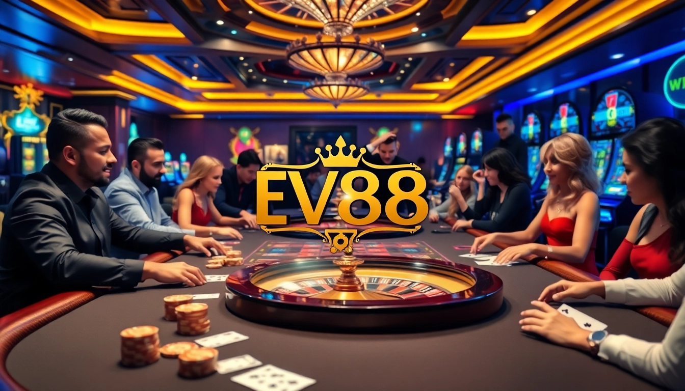 Experience the excitement of gambling at EV88 with players at a casino table and vibrant gaming props.