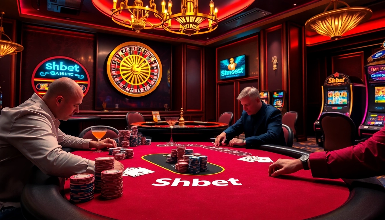 Shbet poker table scene with intense players and glamorous casino atmosphere.