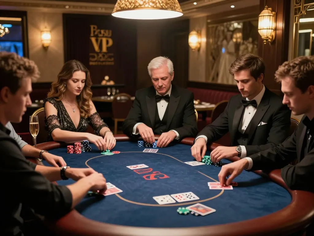 Fly88 players enjoy exclusive high-stakes poker in a luxurious VIP room, showcasing strategic gameplay.