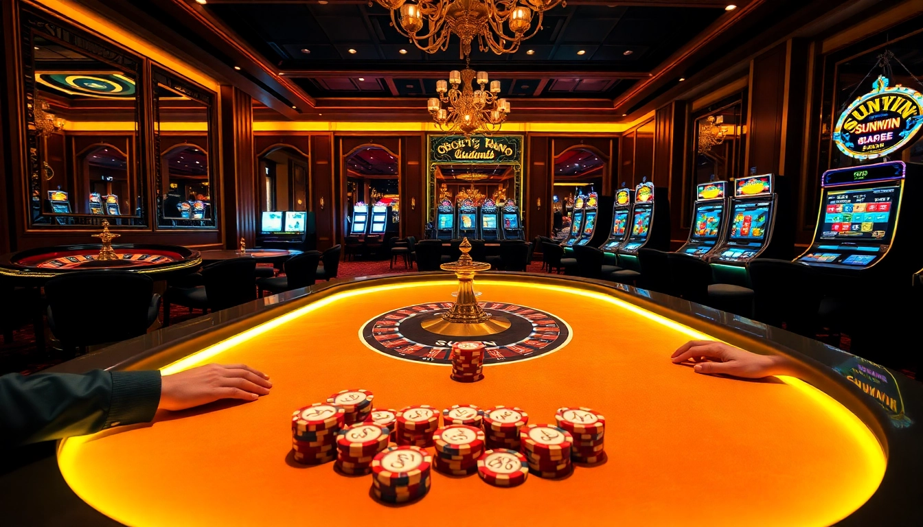 Experience the thrill of SUNWIN with premium poker chips on an elegantly lit casino table.