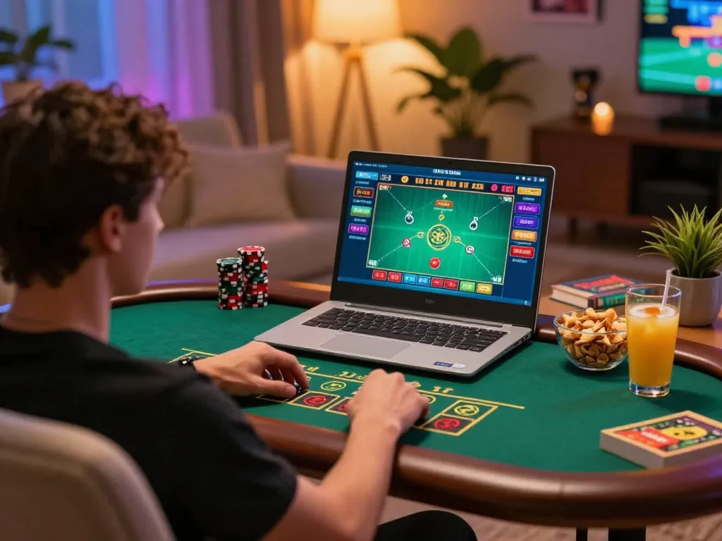 Player using laptop for blackjack on au88 in cozy home setup with ambient lighting.