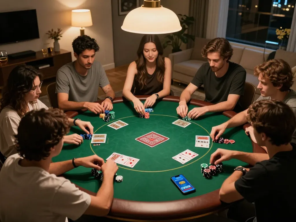 Players engaged in a strategic poker game during a private night, showcasing mm88 casino app on smartphone.