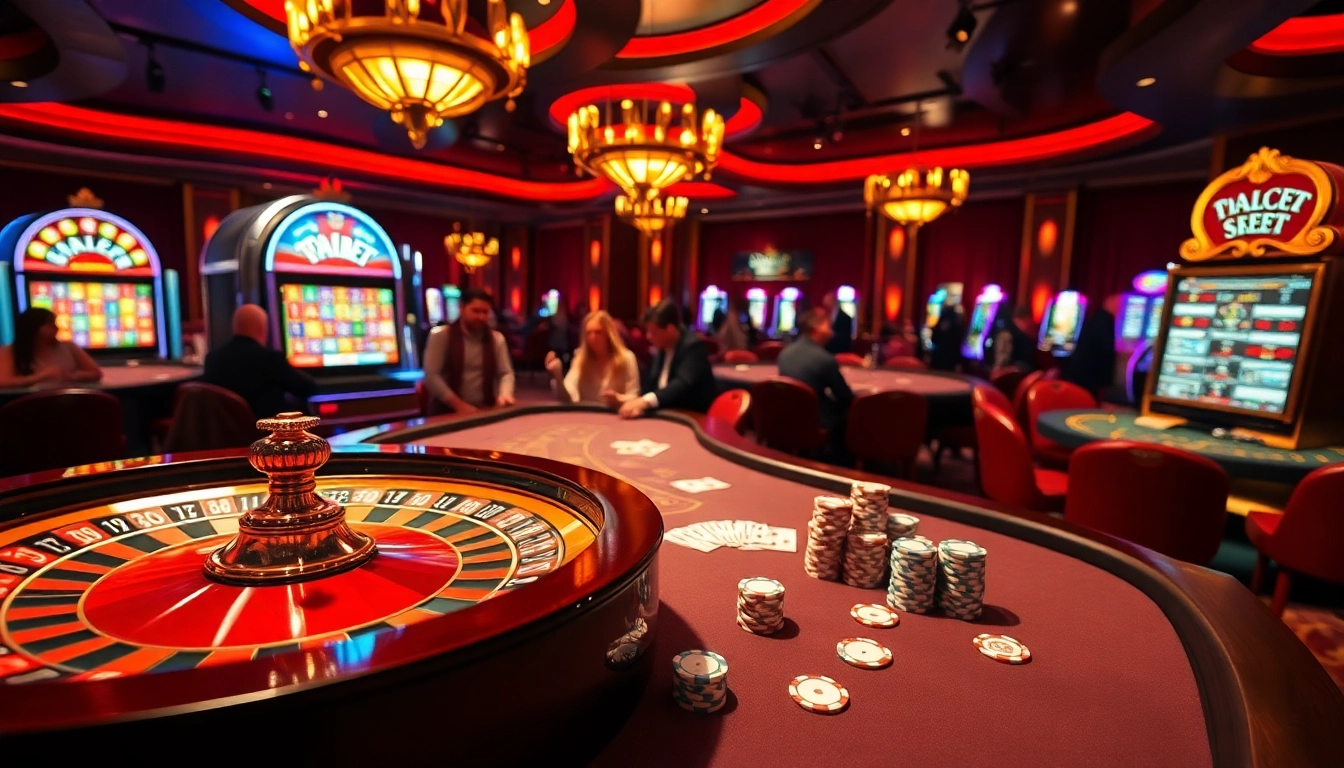 Experience the luxury of casino gaming with tabet, featuring roulette and vibrant slot machines.