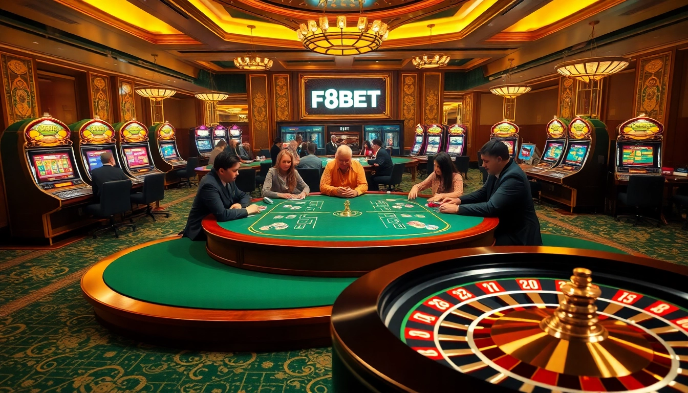 Experience F8BET's luxurious gaming floor with poker and slot machines in a vibrant atmosphere.