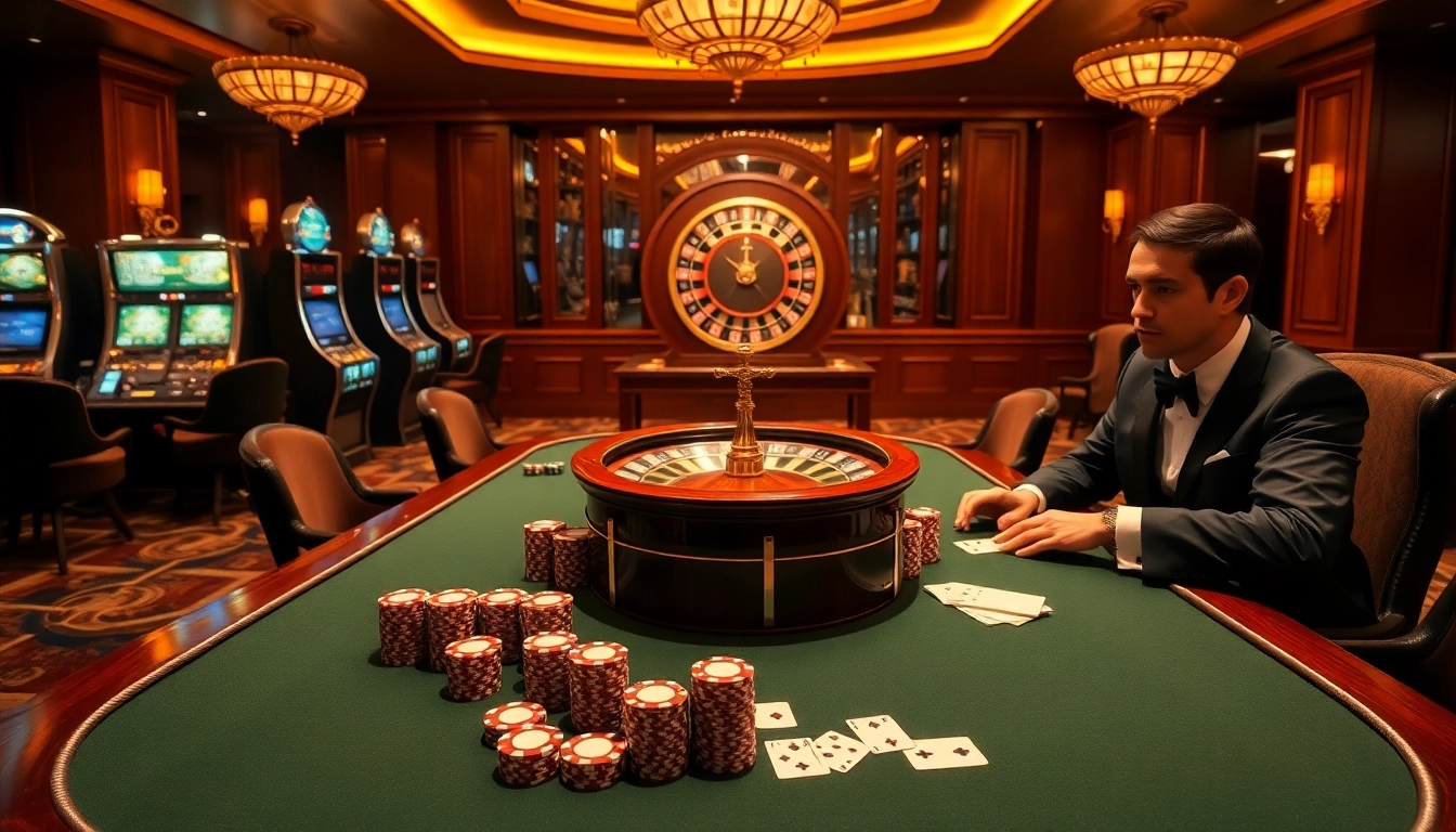 The essence of tỷ lệ kèo nhà cái captured in a luxurious casino atmosphere with poker chips and a spinning roulette wheel.