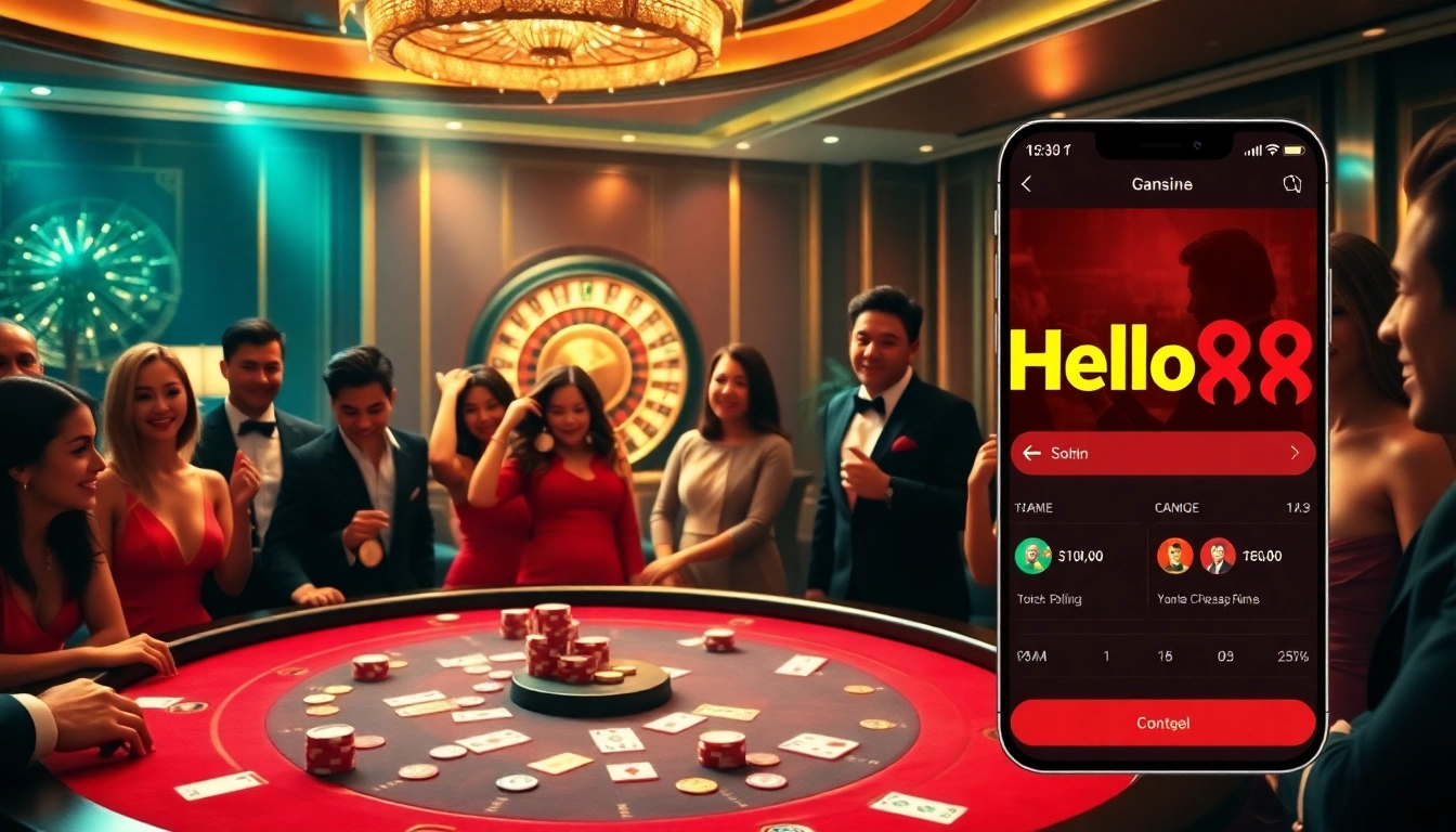 Players engaging in a thrilling poker game at Hello88 casino, surrounded by vibrant casino elements.