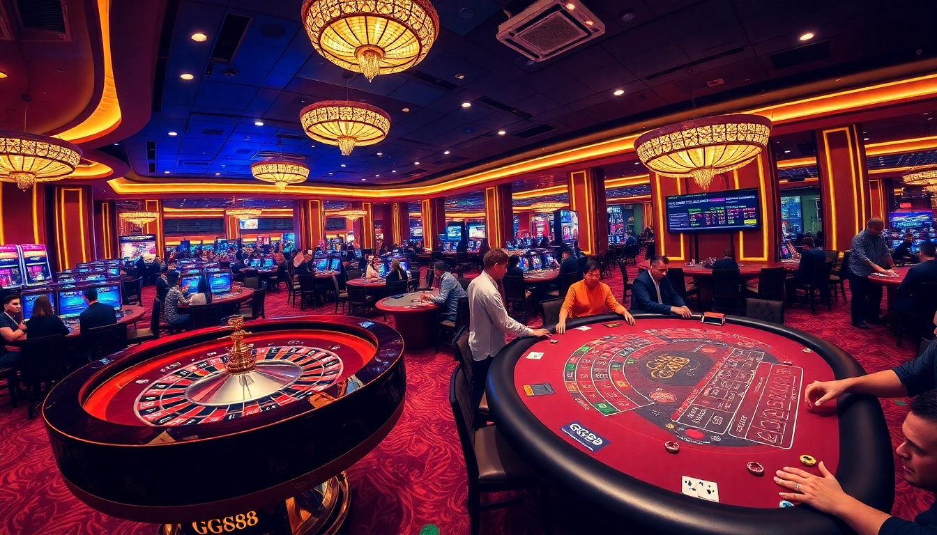 Experience excitement and luxury at GG88 casino with vibrant tables and lively gamblers.