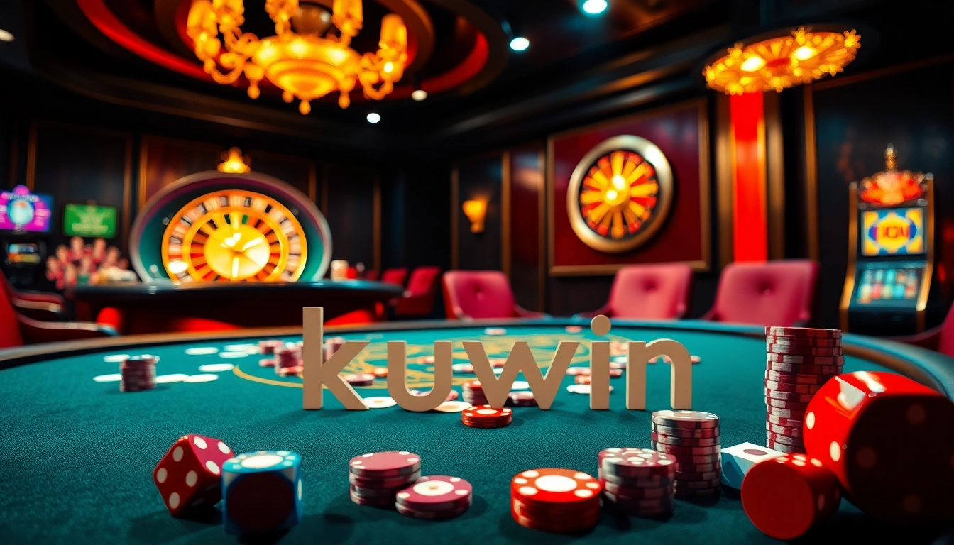 Kuwin casino scene showcasing intense poker gameplay with chips and cards.