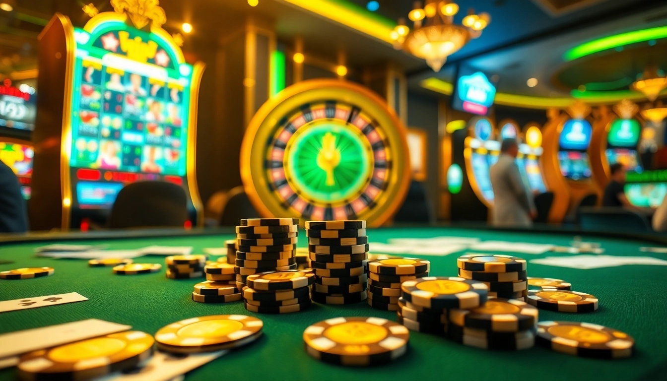 Engaging casino scene with players at a table showcasing win78 slots and poker games.