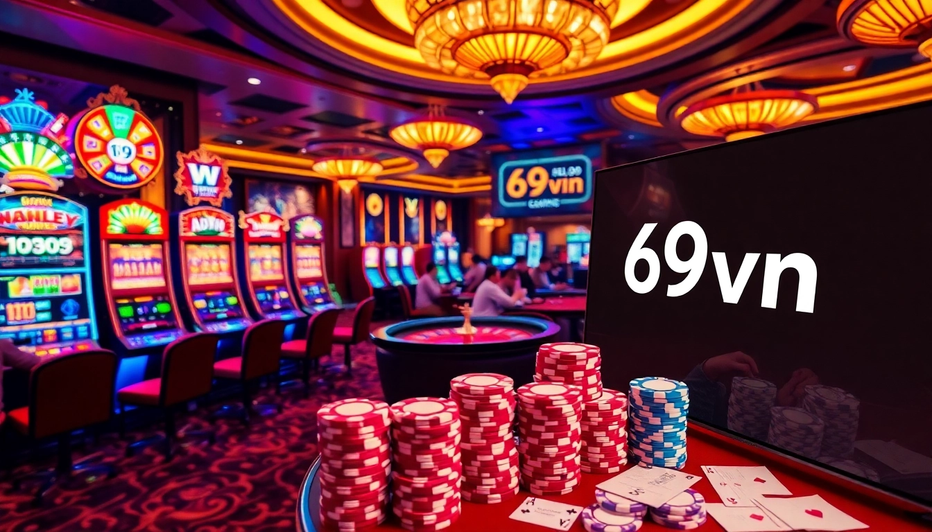 Experience a thrilling game of poker at 69vn's luxurious casino with vibrant tables and exciting atmosphere.