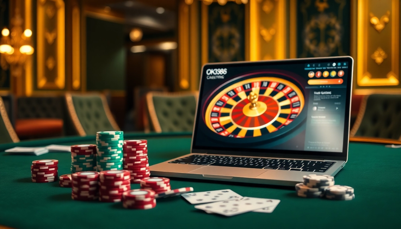 Experience exciting online gambling at OK8386 with vibrant casino scenes and poker action.