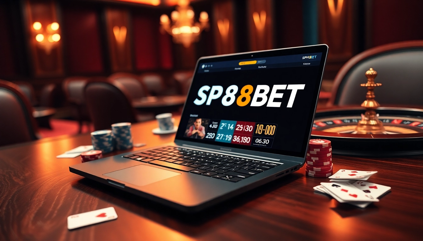 Experience thrilling bets at SP8BET with engaging visuals of casino gaming options including cards and chips.
