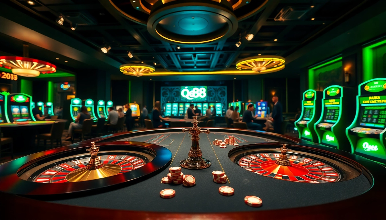 Experience thrilling iq88 gameplay at a luxurious casino adorned with vibrant roulette wheels and chips.