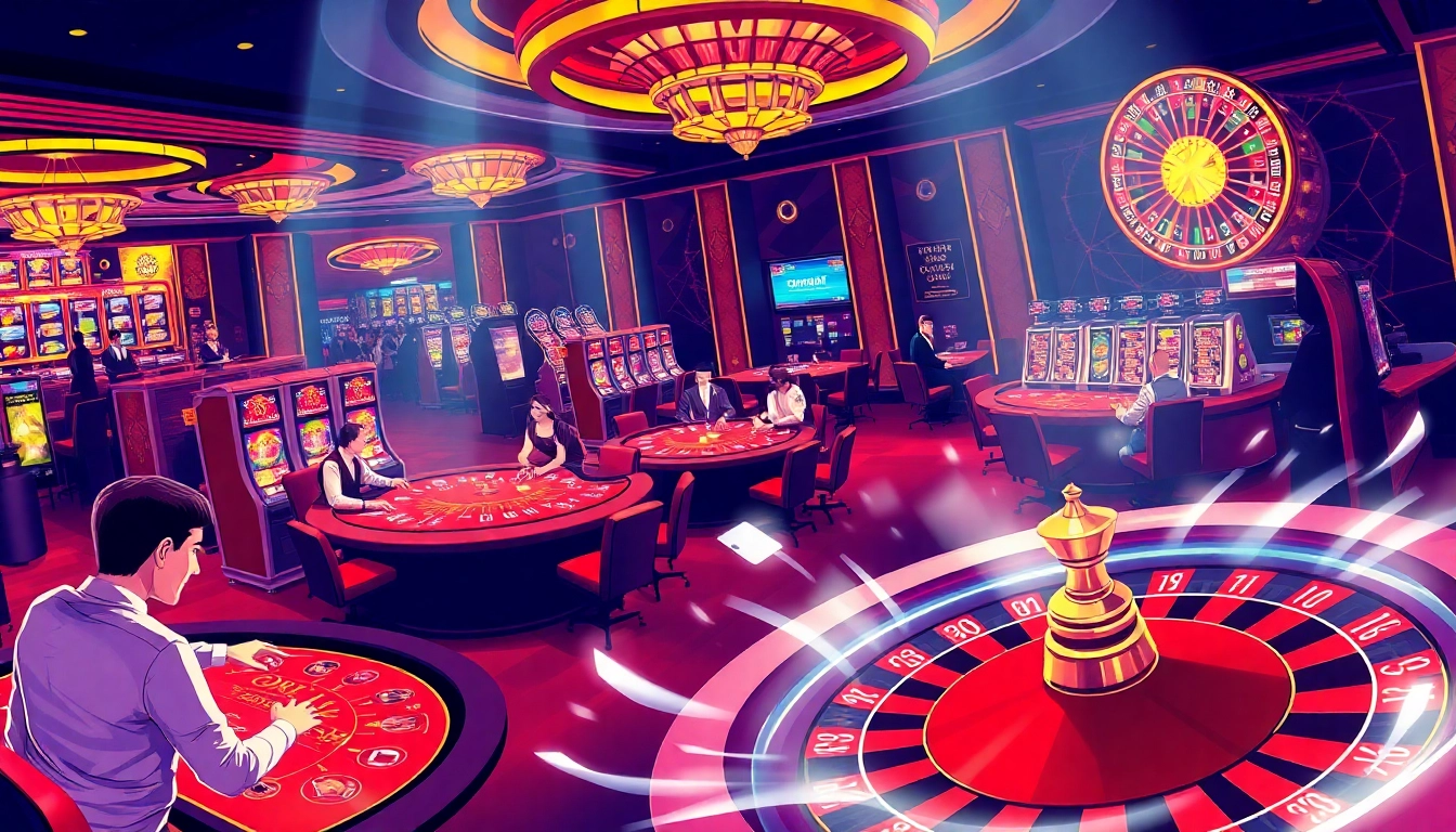 Players enjoying thrilling games at IQ88 casino, featuring vibrant tables and slot machines.