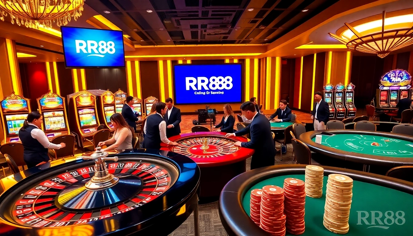 Enjoy a thrilling casino experience at RR88 with roulette, vibrant slot machines, and engaged players.
