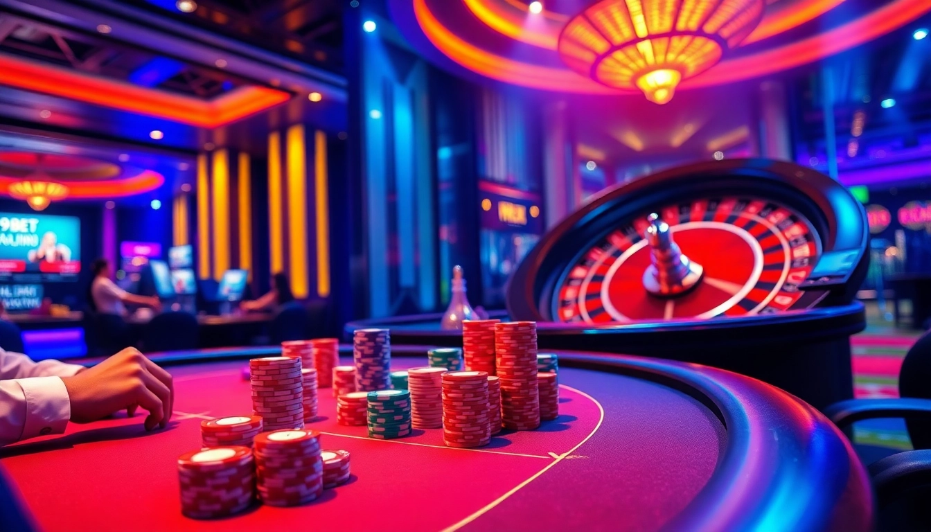 Action-packed gaming scene at Nhà cái 9BET, featuring poker and roulette excitement.