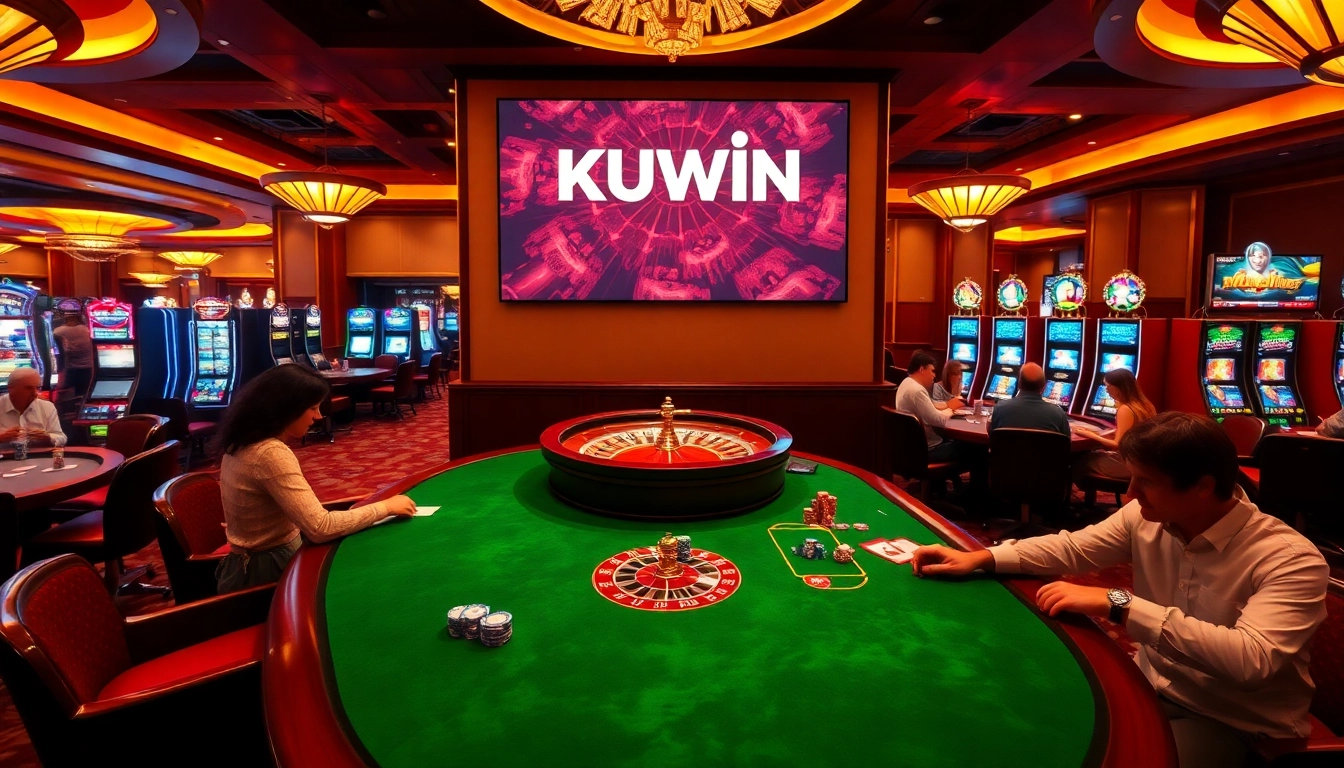 Experience thrilling casino action with KUWIN's vibrant gaming environment featuring roulette and poker tables.