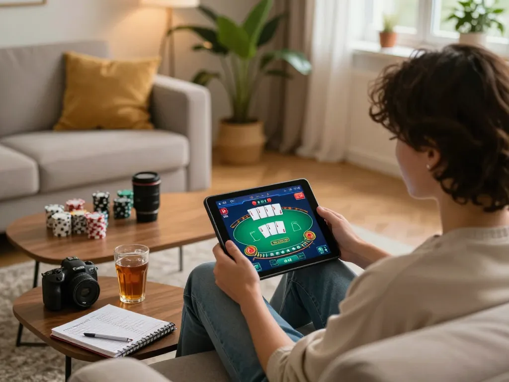 32win player enjoying a poker game on tablet in cozy home setting with strategic notes nearby