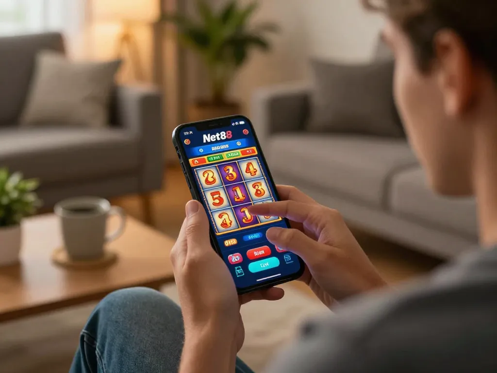 Player engaging with the Net88 mobile casino app for an exciting online slot experience.