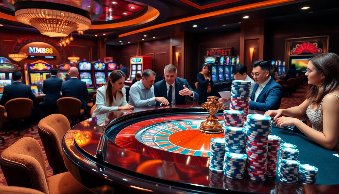Players enjoying a thrilling game at MM88 agency's casino, featuring vibrant roulette and poker scenes.