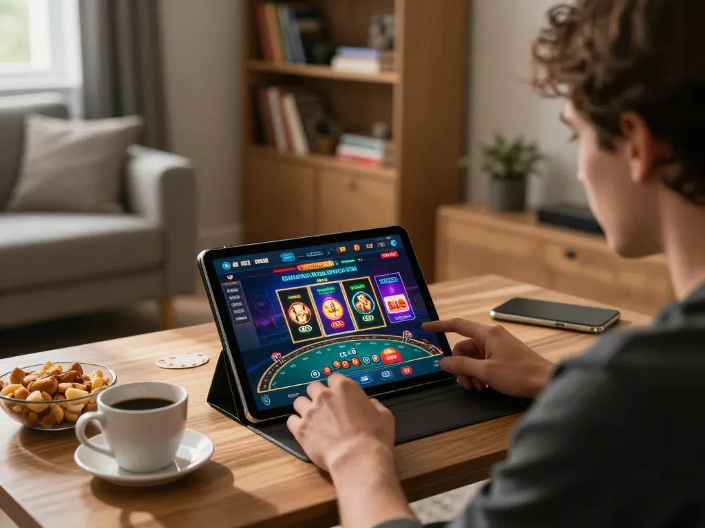 Engaged player using tablet for online casino gaming at home while exploring https://cak-t.com/ for strategies