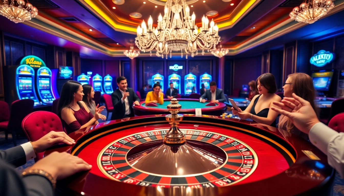 Experience thrilling gameplay at Kjc us com with a luxurious roulette table surrounded by excited players.
