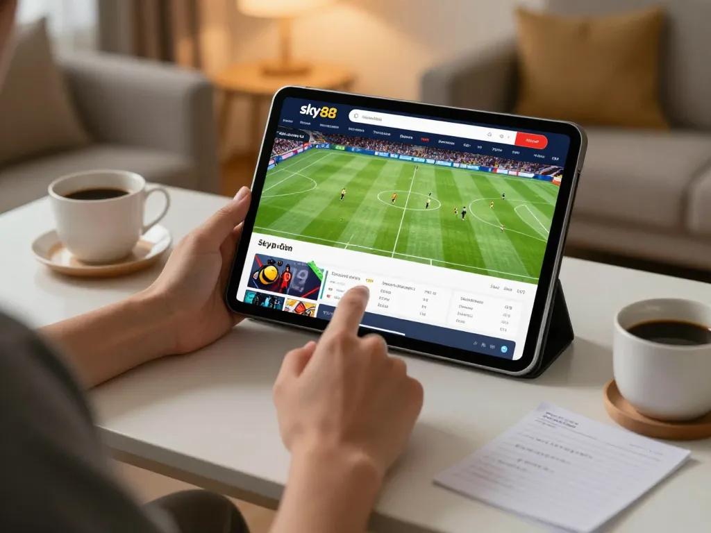 Engaging in sports betting strategies on Sky88 with a tablet and betting notes in a cozy setting.