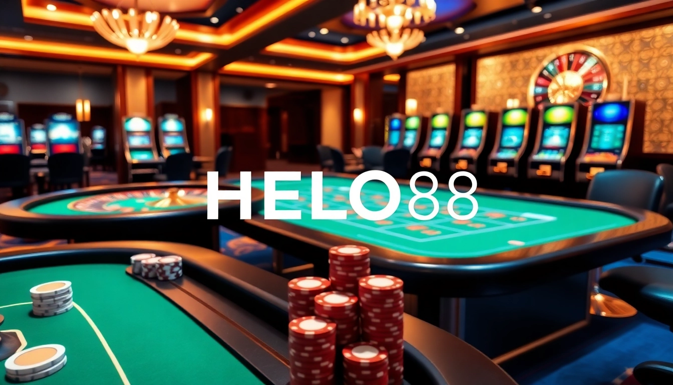 HELO88 showcases an exciting online casino environment with vibrant tables and immersive gambling visuals.