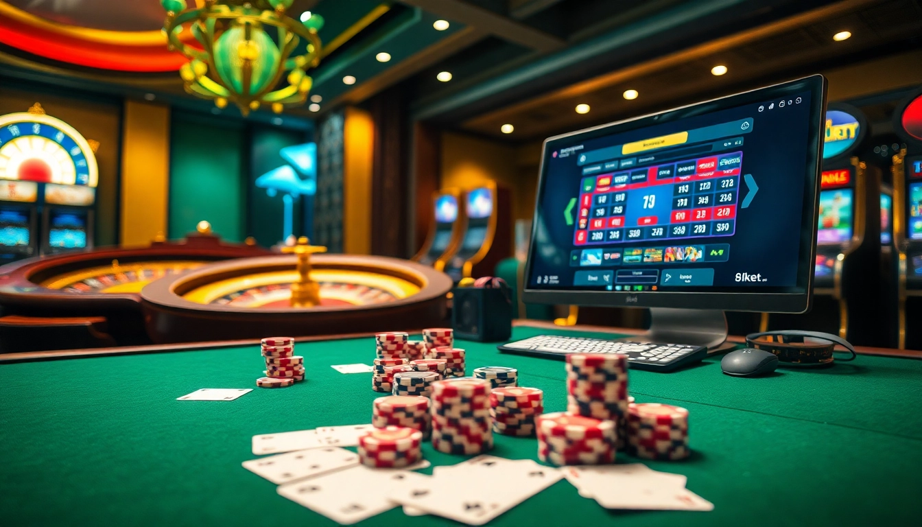 Experience the excitement of 8kbet with luxurious casino visuals featuring poker chips, cards, and online gaming.