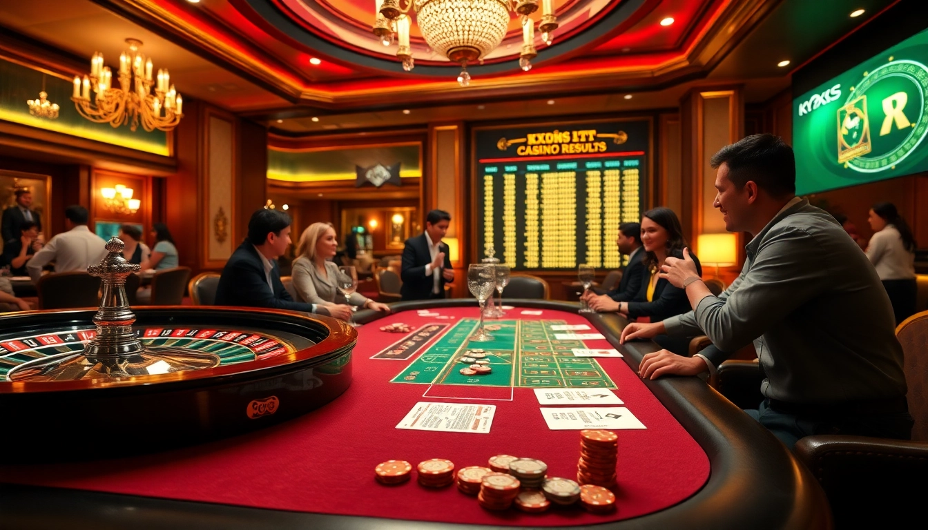 Kqxs results displayed on a digital board in a bustling casino with players at tables.