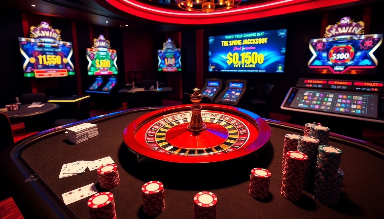Engaging scene of kkwin casino atmosphere with poker chips and a spinning roulette wheel.